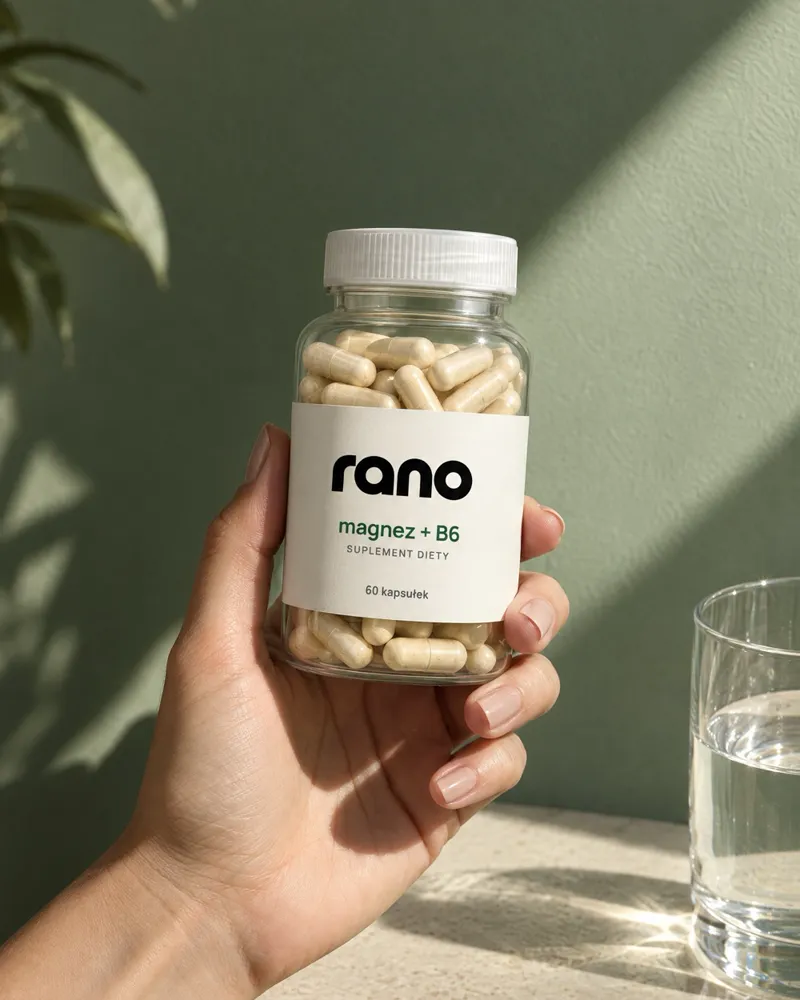 Dłoń trzyma słoik magnezu „rano” w pasie słońca