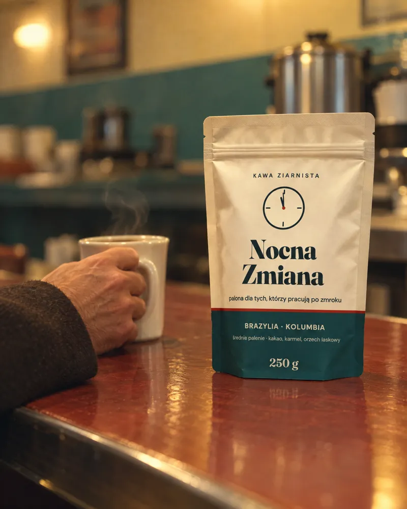 Dłoń w płaszczu trzyma kubek obok torebki kawy „Nocna Zmiana” (AI)