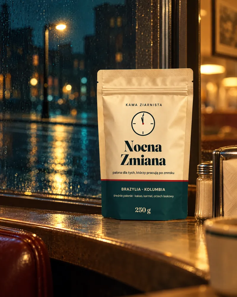 Kawa „Nocna Zmiana” na parapecie, za szybą mokra ulica nocą