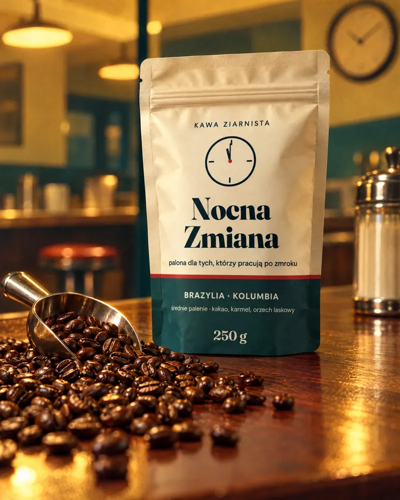 Kawa „Nocna Zmiana” wśród ziaren w bursztynowym świetle